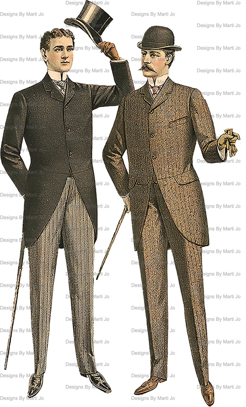 May include: Two men in vintage attire, one sporting a top hat and the other a bowler hat. Both men are wearing suits with striped trousers and carrying walking sticks.