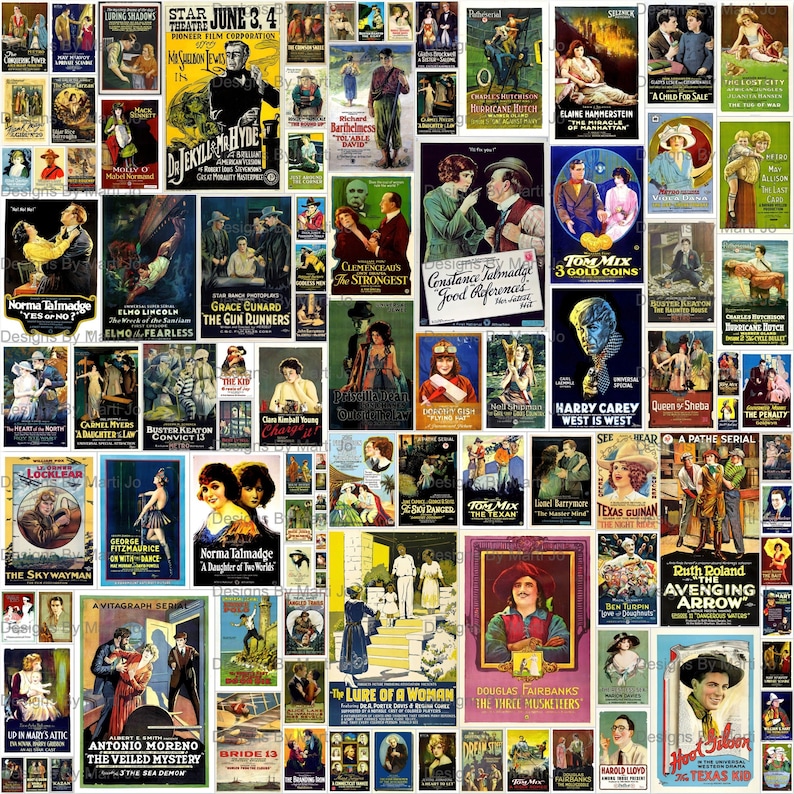May include: A collage of vintage movie posters from the early 1900s. The posters feature black and white images of actors and actresses, along with titles such as "The Gun Runners", "The Strongest", "The Texian", "The Skywayman", "The Veiled Mystery", and "The Lure of a Woman".