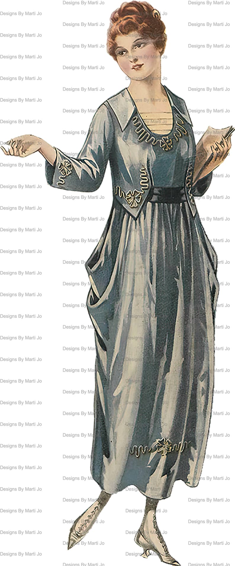 Puede incluir: Una mujer con un vestido azul con ribetes dorados y un cuello blanco. Est&aacute; sosteniendo un libro en su mano derecha y su mano izquierda est&aacute; extendida. El vestido tiene un bolsillo grande en el lado izquierdo. La mujer lleva zapatos blancos con ribetes negros.