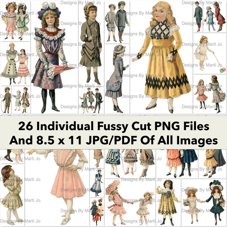 May include: A collection of 26 individual fussy cut PNG files and an 8.5 x 11 JPG/PDF of all images. The images feature children wearing vintage clothing. The children are dressed in various styles, including dresses, skirts, pants, and hats. The images are perfect for scrapbooking, card making, and other craft projects.