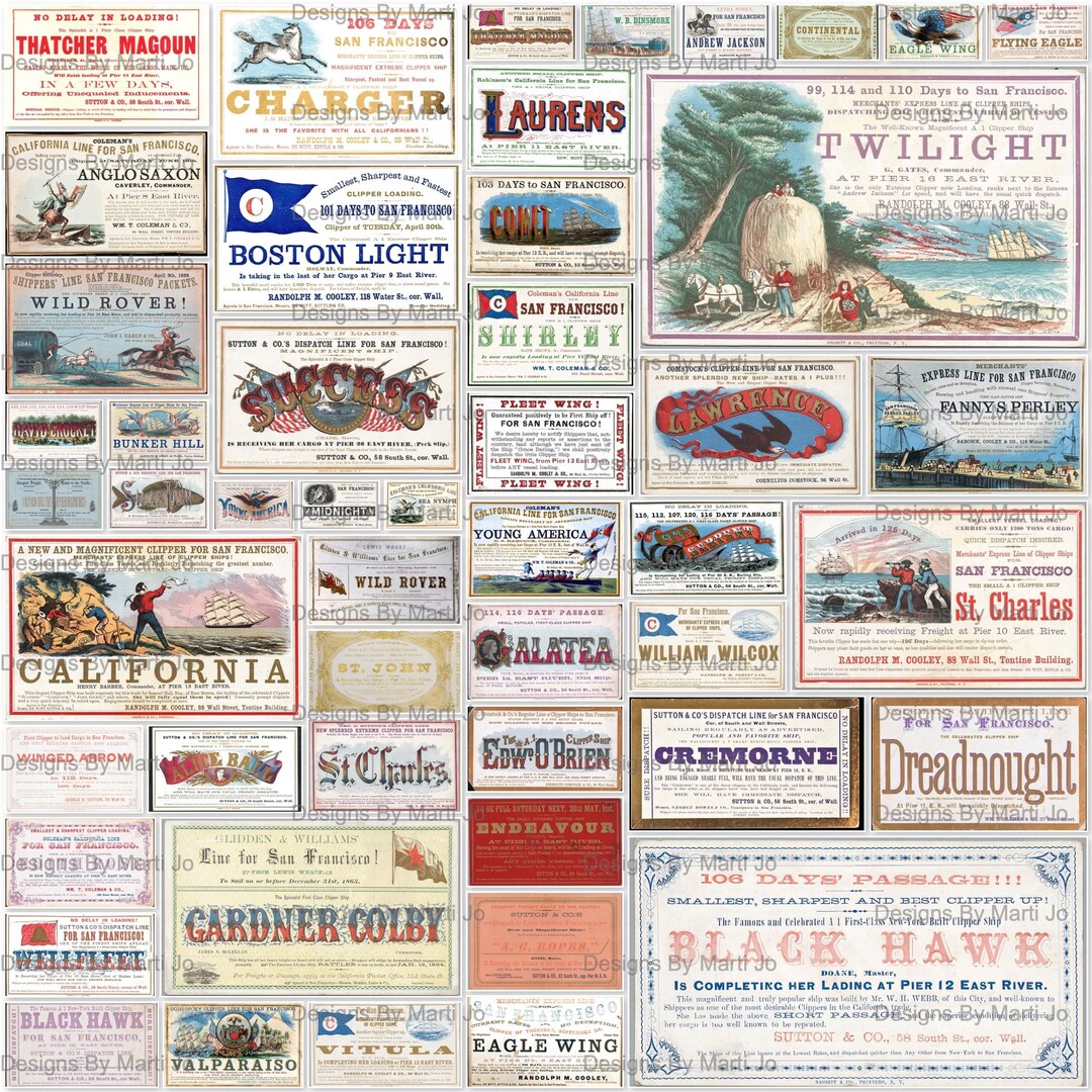 50 Vintage Clipper Ship Cards | Printable Victorian Trade Cards ...