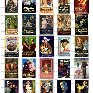 May include: A vintage collage of movie posters from the silent film era. The posters feature cowboys, adventure, and romance. The posters are in various colors, including red, blue, yellow, and green. The posters are all in a vintage style, with bold lettering and illustrations.