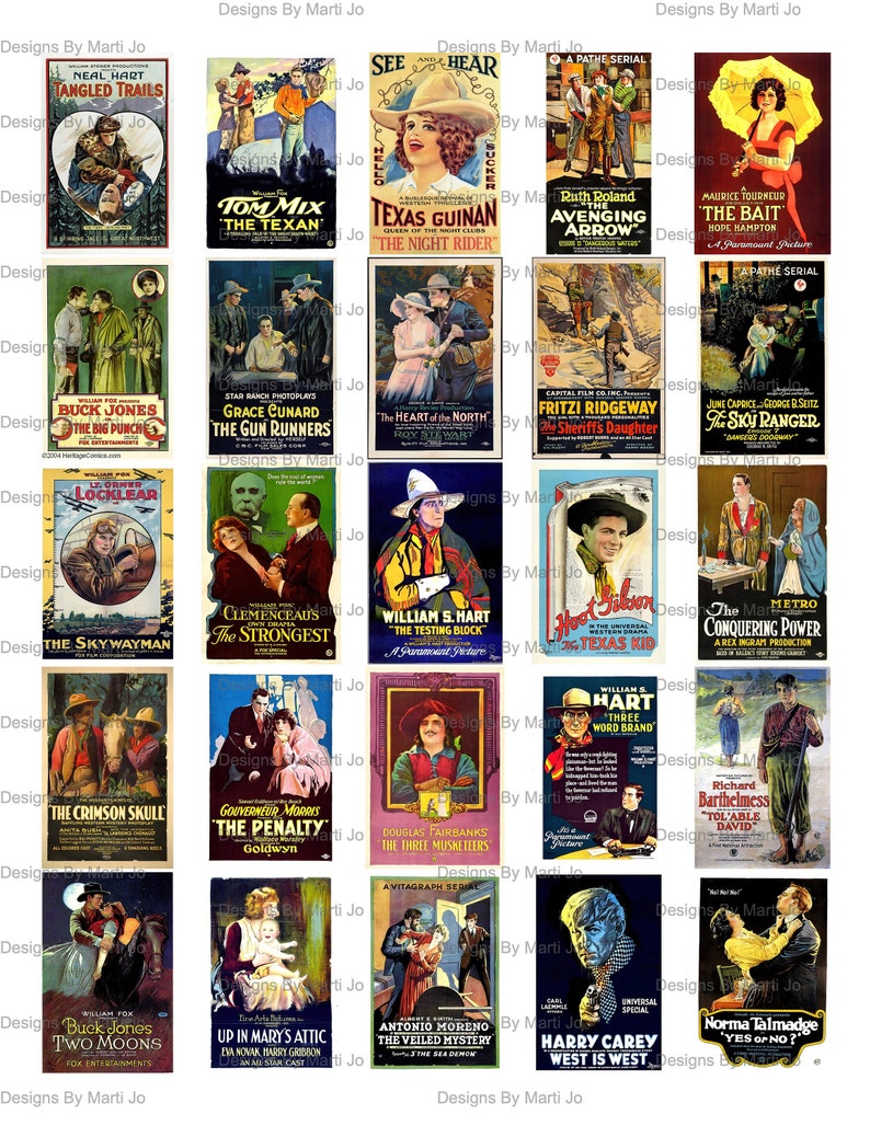 May include: A vintage collage of movie posters from the silent film era. The posters feature cowboys, adventure, and romance. The posters are in various colors, including red, blue, yellow, and green. The posters are all in a vintage style, with bold lettering and illustrations.