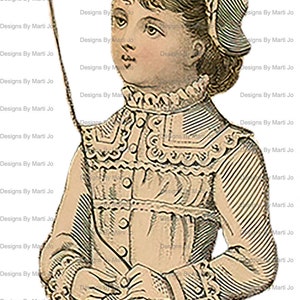 May include: A vintage illustration of a young girl wearing a dress and a hat, holding a balloon with a string. The image is in black and white and has a textured background.
