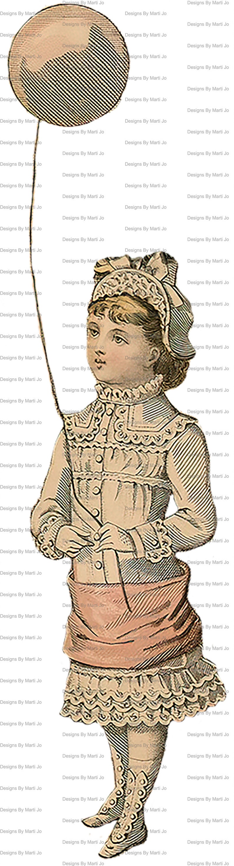 May include: A vintage illustration of a young girl wearing a dress and a hat, holding a balloon with a string. The image is in black and white and has a textured background.