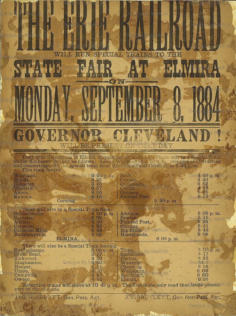 Pode incluir: Um cartaz vintage amarelado anunciando um comboio especial para a Feira Estadual em Elmira na segunda-feira, 8 de setembro de 1884. O cartaz apresenta a Erie Railroad e menciona que o governador Cleveland estar&aacute; presente. O cartaz lista os hor&aacute;rios dos comboios e as horas de partida de v&aacute;rios locais.