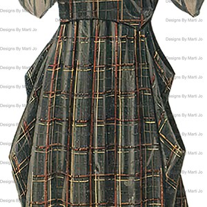 Puede incluir: Una mujer con un vestido de cuadros y un collar de oro. Lleva zapatos marrones y tiene el pelo cortado a la altura de los hombros.