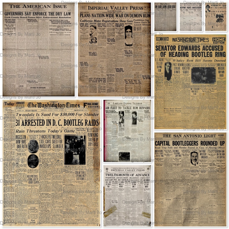 Puede incluir: Un collage de recortes de peri&oacute;dicos antiguos de la d&eacute;cada de 1920, con titulares sobre la aplicaci&oacute;n de las leyes de prohibici&oacute;n, el arresto de contrabandistas y el auge del crimen organizado. Los peri&oacute;dicos est&aacute;n impresos en papel amarillento con tinta negra.