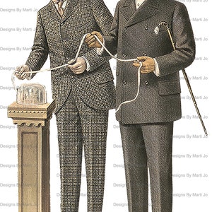 May include: Two men in suits and hats, one holding a cane and the other holding a piece of string, stand in front of a pedestal with a glass dome on top. The text "Designs By Marti Jo" appears multiple times around the image.