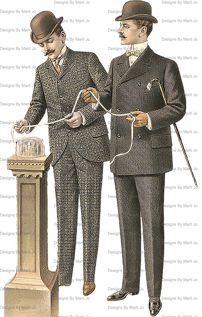 May include: Two men in suits and hats, one holding a cane and the other holding a piece of string, stand in front of a pedestal with a glass dome on top. The text "Designs By Marti Jo" appears multiple times around the image.