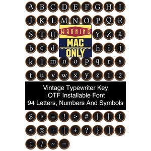 May include: An image of vintage typewriter keys, displaying letters, numbers, and symbols. The keys are black with white lettering and a brown border. The image includes the text "Vintage Typewriter Key .OTF Installable Font 94 Letters, Numbers And Symbols."