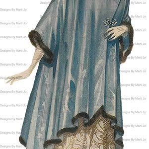 Puede incluir: Una mujer con una capa azul con ribete de piel y un vestido estampado. Lleva zapatos negros de tac&oacute;n. La imagen tiene el texto "Designs By Marti Jo" repetido en todo.
