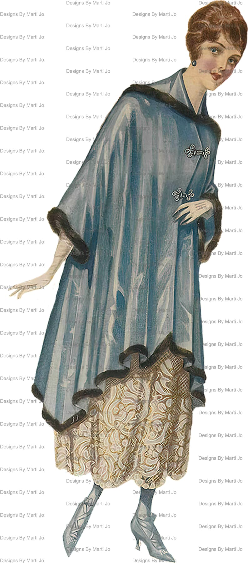 Puede incluir: Una mujer con una capa azul con ribete de piel y un vestido estampado. Lleva zapatos negros de tac&oacute;n. La imagen tiene el texto "Designs By Marti Jo" repetido en todo.