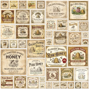 May include: A collection of vintage-style honey labels with various designs. The labels feature illustrations of beehives, bees, and floral elements, with text such as "Pure Honey" and brand names. The color palette includes warm tones of brown, beige, and gold.