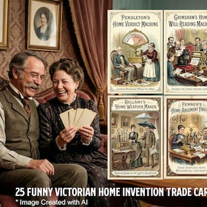 May include: A set of 25 vintage trade cards depicting humorous Victorian home inventions. The cards showcase illustrations with titles such as "Home Verdict Machine" and "Home Argument Finisher." The image includes a couple laughing, with the text "25 Funny Victorian Home Invention Trade Cards."