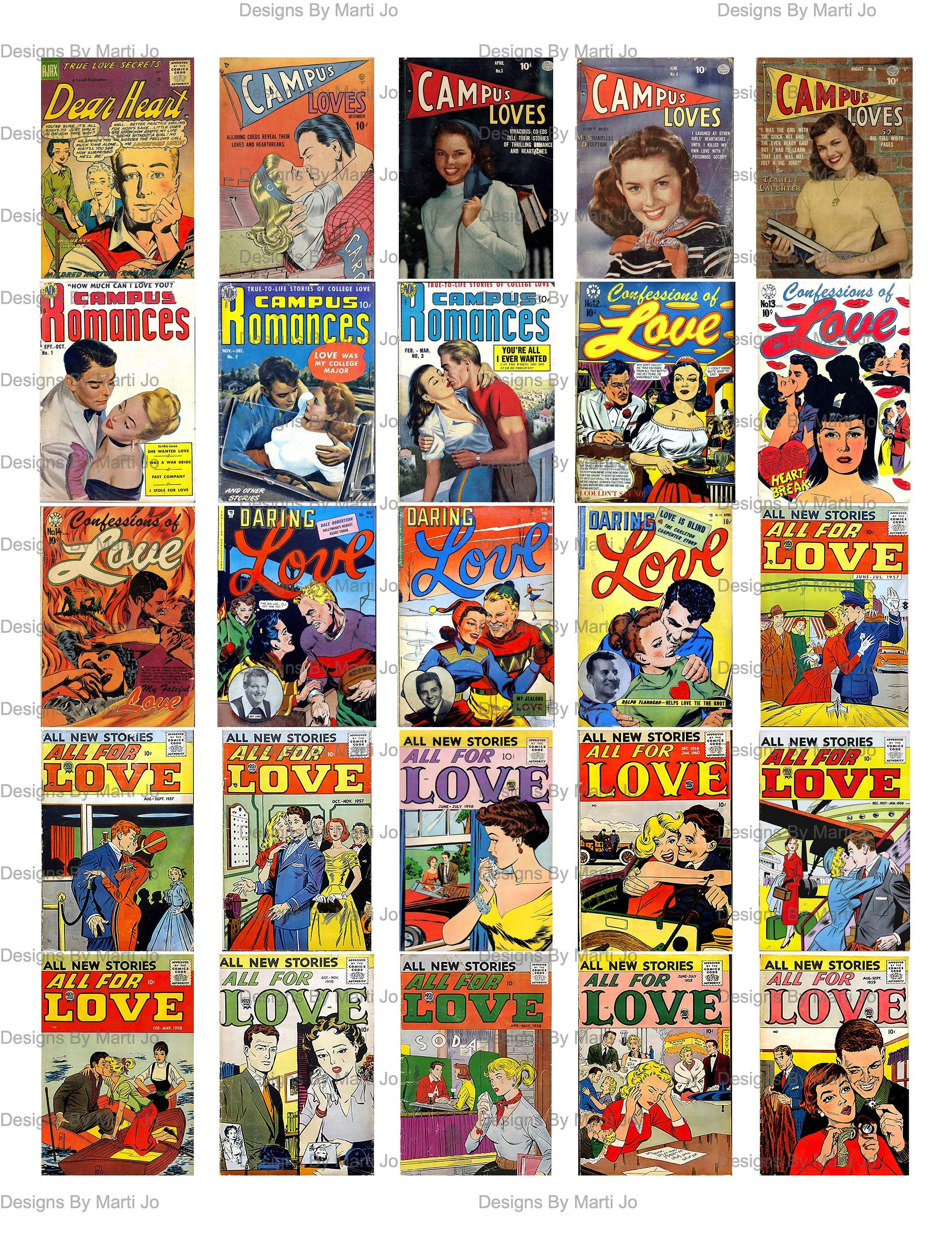 Vintage Romance Comic Book Covers Set 2 | 50 Vintage Covers On 2 JPG And PDF Pages | Instant Download | Commercial Use OK | VP44