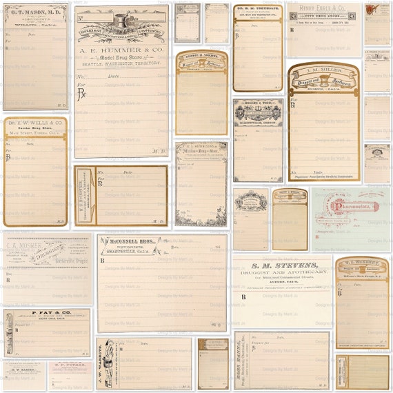 ビンテージ薬局処方箋ラベル | 30 枚のデジタル空白ビンテージ薬局