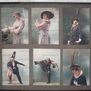 May include: A collection of six vintage postcards featuring women in various poses. The postcards are in black and white with a sepia tone. The postcards are numbered 26154, 26454, 26463, 26463, 26463, and 26463. The postcards are titled "Designs By Marti Jo".