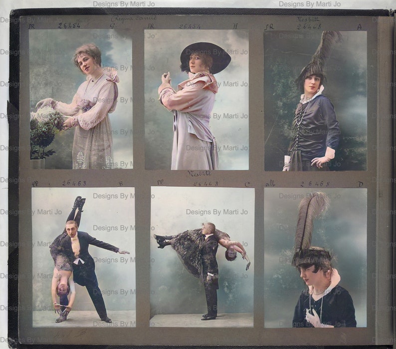 May include: A collection of six vintage postcards featuring women in various poses. The postcards are in black and white with a sepia tone. The postcards are numbered 26154, 26454, 26463, 26463, 26463, and 26463. The postcards are titled "Designs By Marti Jo".