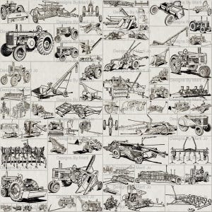 May include: A grid of black and white illustrations of various farm tractors and agricultural machinery. The designs include tractors, plows, harvesters, and other farming equipment. The text "Designs By Marti Jo" is visible throughout the image.