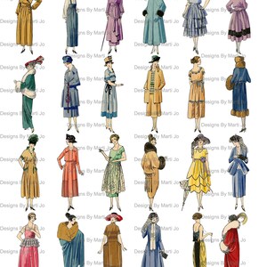 K&ouml;nnte beinhalten: Eine Sammlung von 20 Vintage-Illustrationen von Damenmode aus den 1920er Jahren. Die Illustrationen zeigen Frauen in verschiedenen Stilen von Kleidern, H&uuml;ten und Accessoires. Die Illustrationen sind in Schwarzwei&szlig; gehalten und haben eine Vintage-&Auml;sthetik.