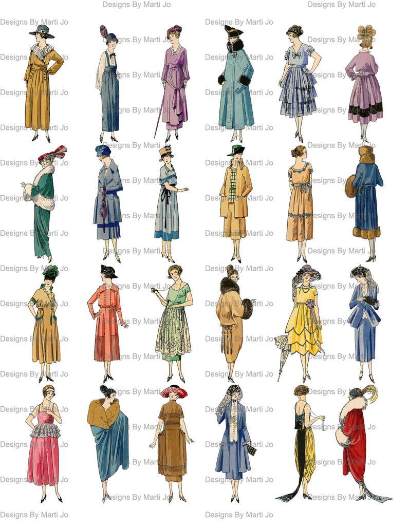 K&ouml;nnte beinhalten: Eine Sammlung von 20 Vintage-Illustrationen von Damenmode aus den 1920er Jahren. Die Illustrationen zeigen Frauen in verschiedenen Stilen von Kleidern, H&uuml;ten und Accessoires. Die Illustrationen sind in Schwarzwei&szlig; gehalten und haben eine Vintage-&Auml;sthetik.