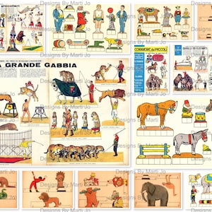 Könnte beinhalten: Ein Vintage-Set mit druckbaren Papierpuppen zum Thema Zirkus. Die Puppen umfassen einen Löwenbändiger, einen Clown, einen Elefanten, ein Zebra, ein Pferd und einen Tiger. Die Papierpuppen sind auf weißem Hintergrund mit schwarzen Umrissen gedruckt.