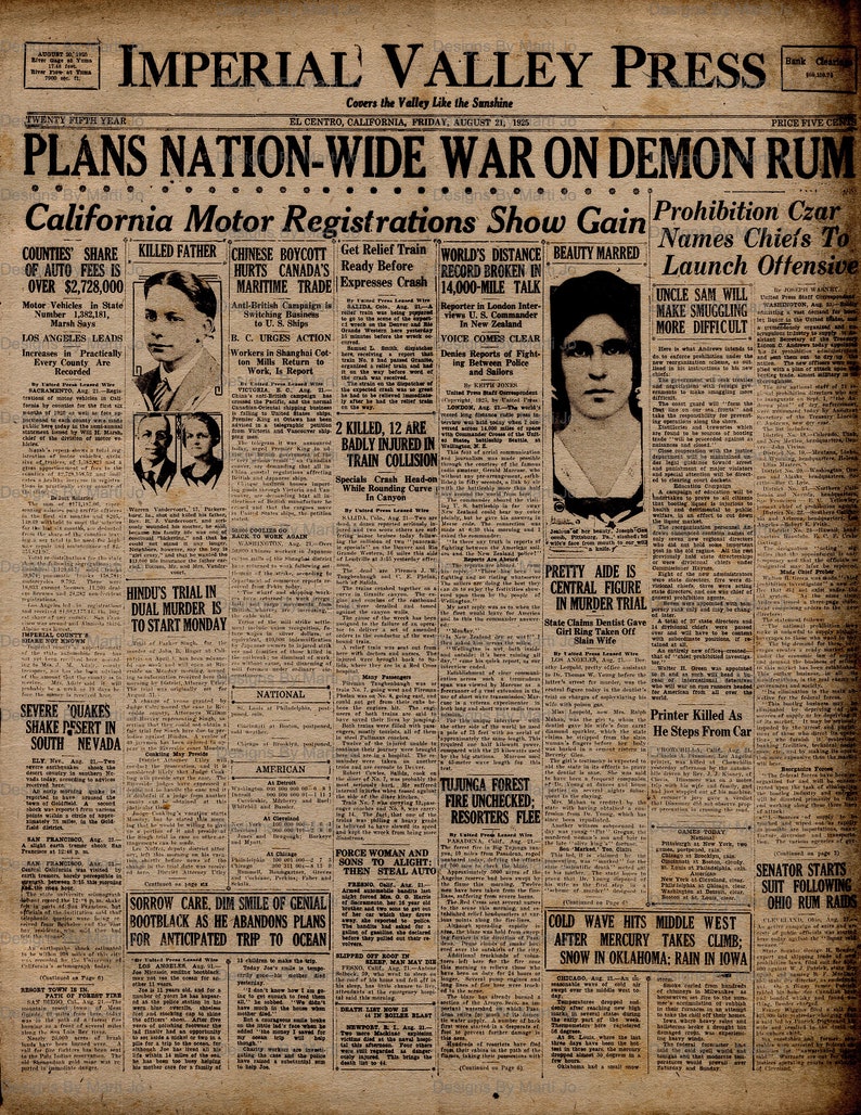 Puede incluir: Un recorte de peri&oacute;dico en blanco y negro del Imperial Valley Press, fechado el 21 de agosto de 1935, con titulares sobre una guerra nacional contra el licor ilegal, un boicot chino que perjudica el comercio mar&iacute;timo de Canad&aacute; y una colisi&oacute;n de trenes en un ca&ntilde;&oacute;n.
