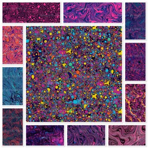 May include: A selection of abstract digital art prints with vivid colours and swirling patterns. The designs feature a mix of dots, swirls, and organic shapes in shades of pink, purple, blue, orange, and yellow. The overall theme is psychedelic and artistic.