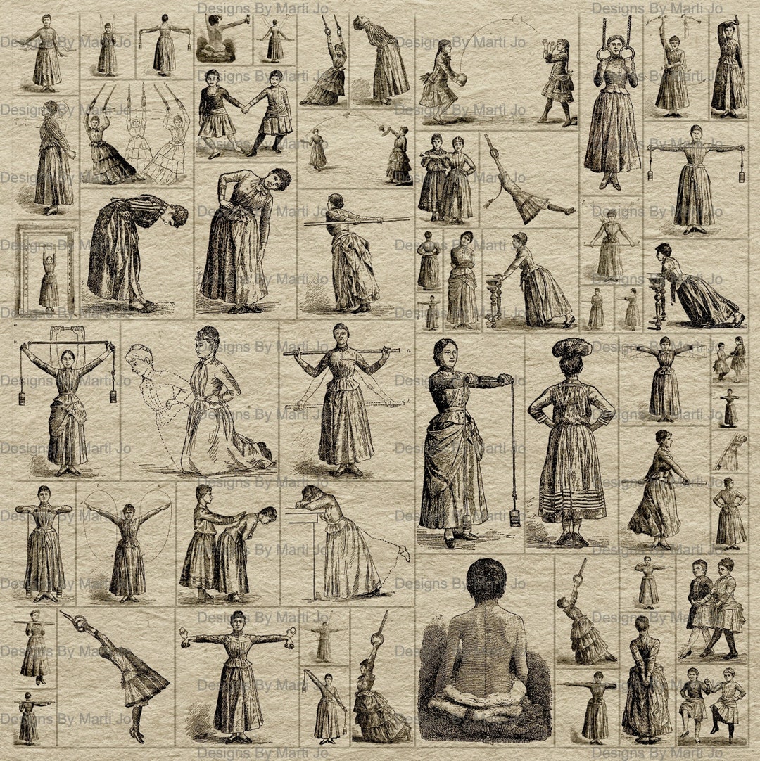 Vintage Women Exercising PNG and JPG Files | Printable Vintage Ladies Calisthenics Clip Art ...
