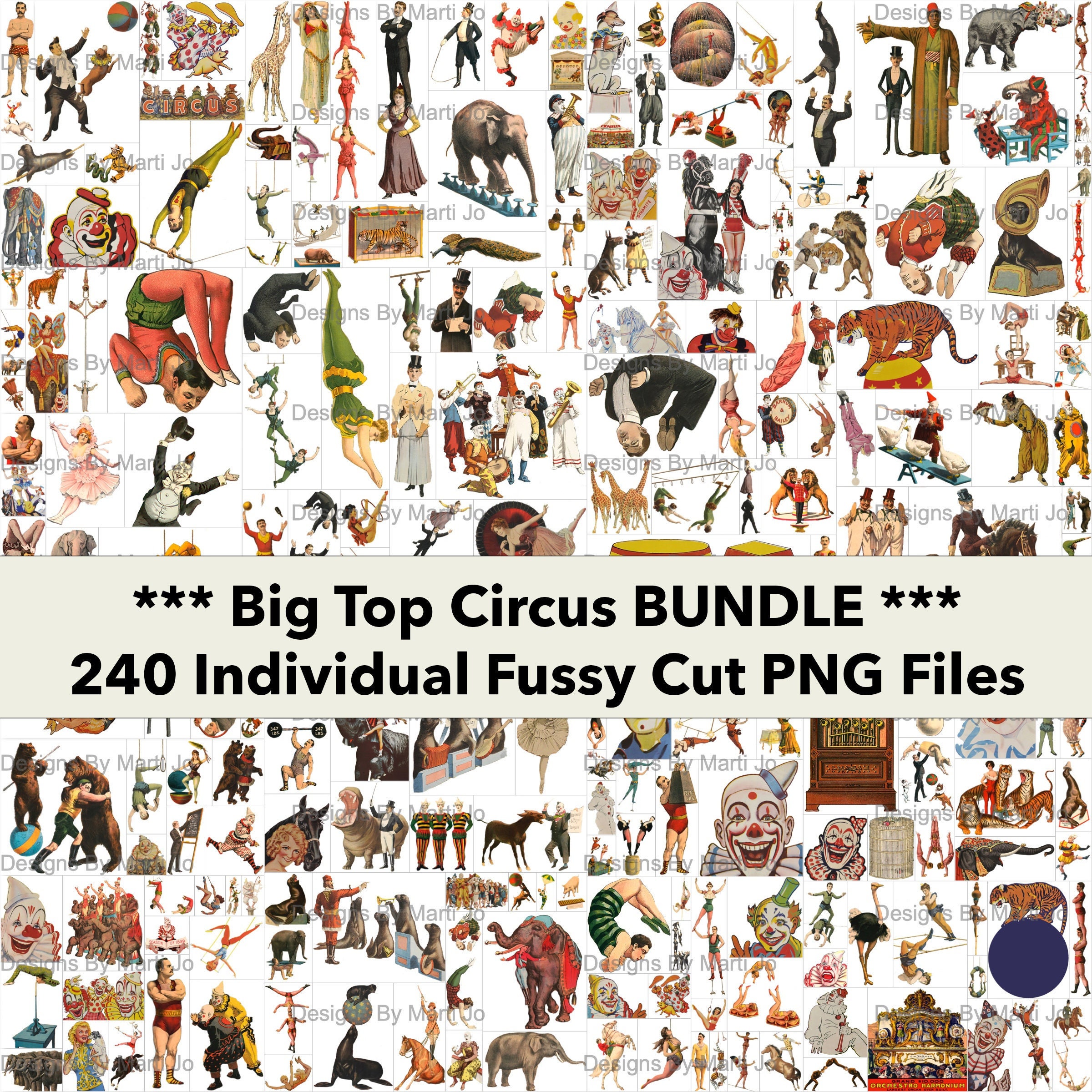Vintage Circus Clipart MEGA BUNDLE | Current Sets 1-4 Combined Into One Product | 240 Printable Fussy Cut Carnival Graphics PNG Files | MB2