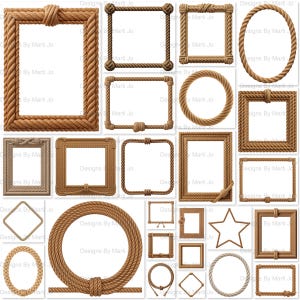 Puede incluir: Una colección de marcos de cuerda marrón de varias formas, incluyendo rectangulares, cuadrados, ovalados y en forma de estrella. Los marcos están hechos de cuerda trenzada gruesa, algunos con nudos decorativos.