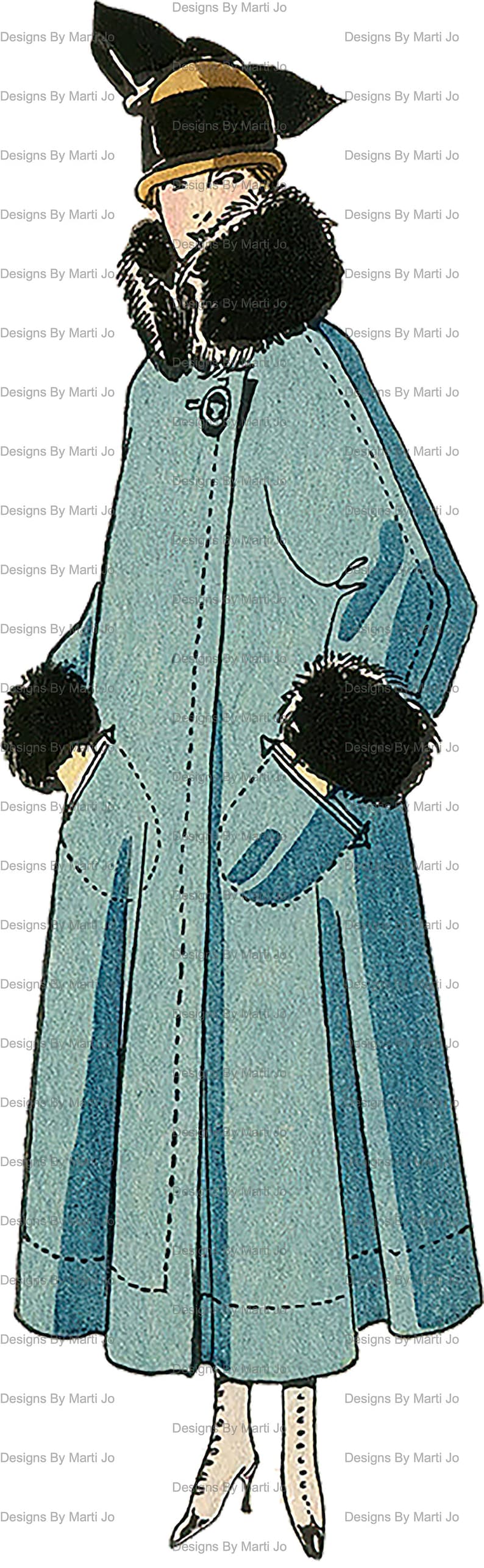 K&ouml;nnte beinhalten: Eine Vintage-Illustration einer Frau, die einen blauen Mantel mit schwarzem Pelzkragen und -manschetten tr&auml;gt. Sie tr&auml;gt einen schwarzen Hut mit einem goldenen Band und wei&szlig;e Stiefel. Die Illustration ist in einem einfachen, cartoonartigen Stil gehalten.