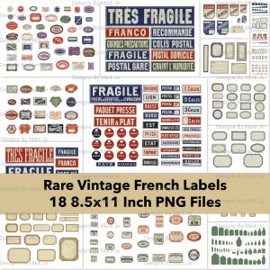 Könnte beinhalten: Eine Sammlung von französischen Vintage-Etiketten in verschiedenen Formen und Größen mit Texten wie "Fragile" und "Franco". Die Etiketten sind in Rot-, Blau- und Brauntönen gehalten. Das Bild enthält den Text "Rare Vintage French Labels 18 8.5x11 Inch PNG Files."