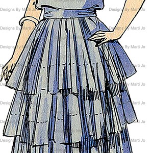 K&ouml;nnte beinhalten: Eine Vintage-Illustration einer Frau in einem hellblauen Kleid mit einer wei&szlig;en Bluse und einer Schleife. Das Kleid hat einen Stufenrock und die Frau tr&auml;gt schwarze Schuhe.