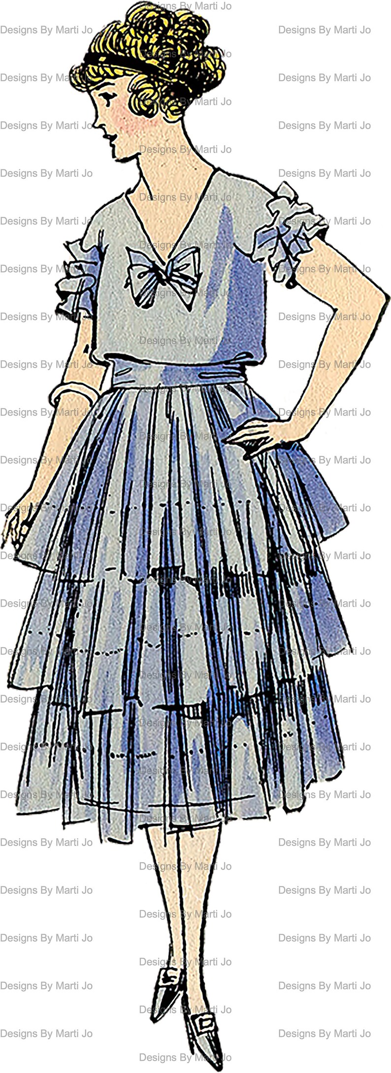 K&ouml;nnte beinhalten: Eine Vintage-Illustration einer Frau in einem hellblauen Kleid mit einer wei&szlig;en Bluse und einer Schleife. Das Kleid hat einen Stufenrock und die Frau tr&auml;gt schwarze Schuhe.