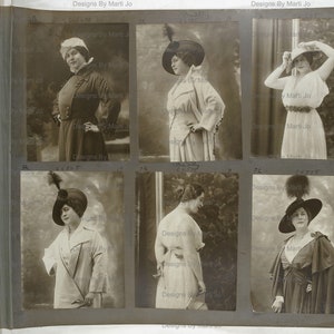 May include: A collection of six vintage black and white photographs of women wearing hats and coats. The photos are arranged in a grid of two rows and three columns. Each photo has a handwritten caption with the text "Designs By Marti Jo" and a number.