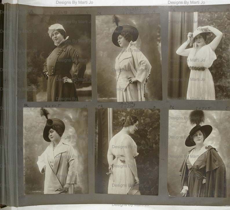 May include: A collection of six vintage black and white photographs of women wearing hats and coats. The photos are arranged in a grid of two rows and three columns. Each photo has a handwritten caption with the text "Designs By Marti Jo" and a number.