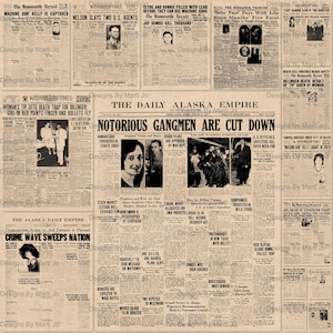 Nakładki na pierwszą stronę gazety Vintage Famous Gangsters | 15 8,5 x 11 do druku Kryminalna gazeta Przezroczyste PNG | Natychmiastowe pobranie | TC41
