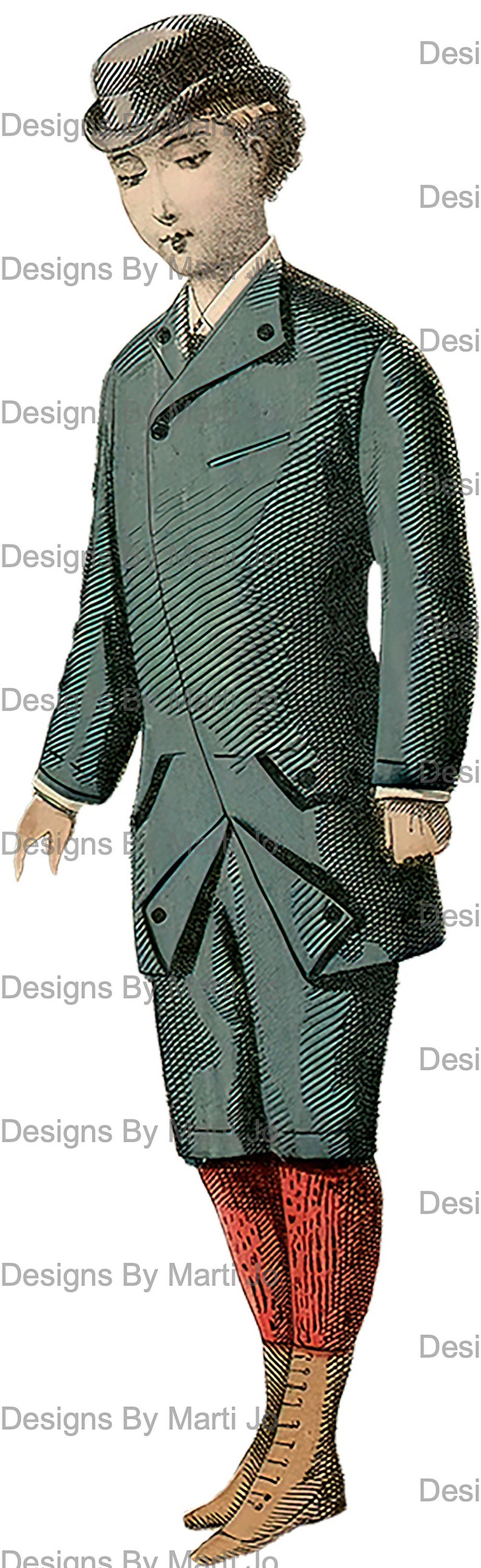 May include: A vintage illustration of a young person wearing a dark blue coat with a black collar, a black cap, red stockings, and brown boots.