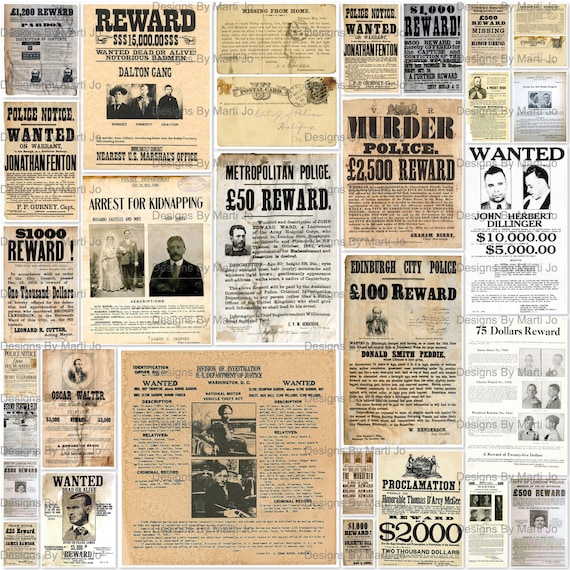 Vintage Wanted / Reward Posters 28 Printable JPG Files | Etsy