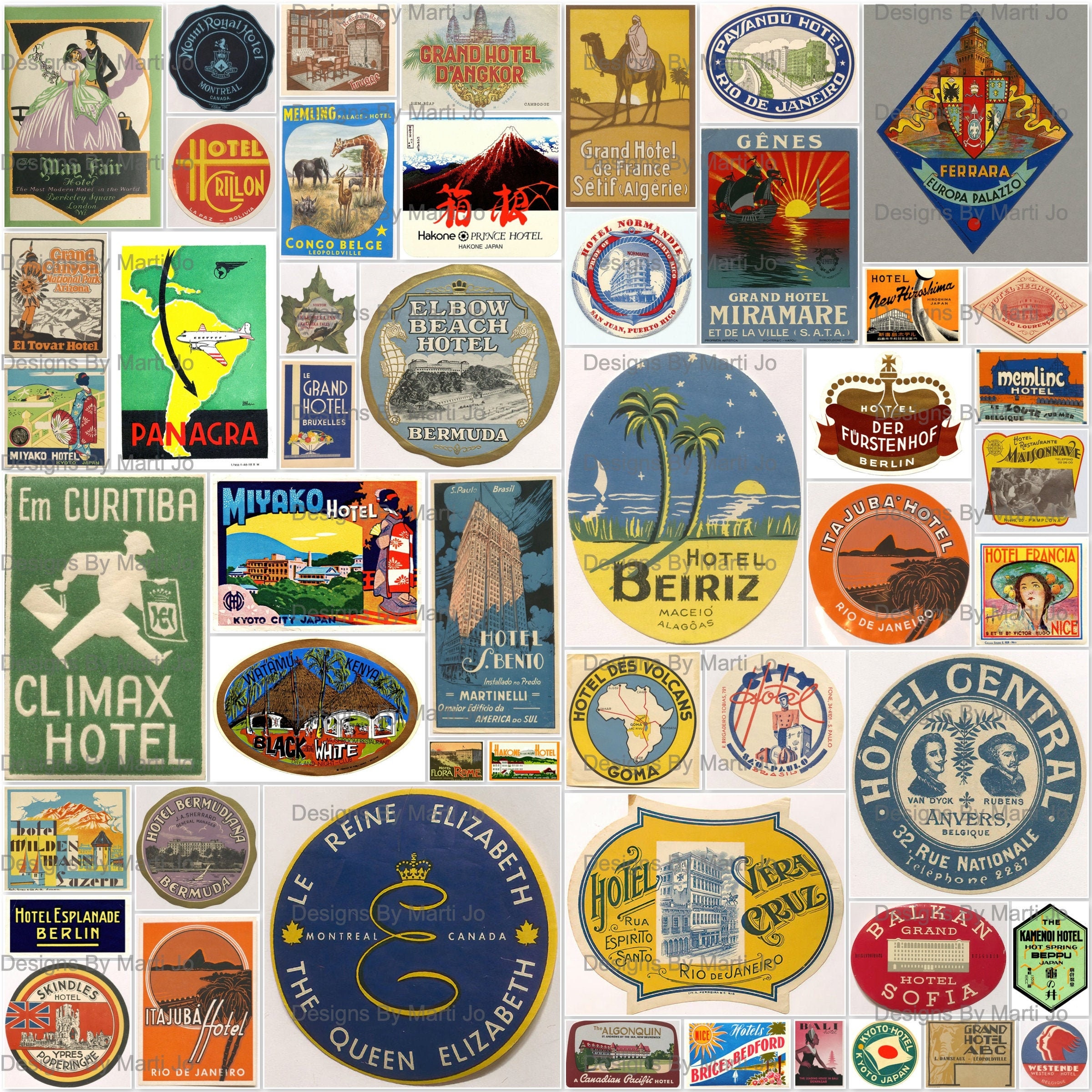 Retro Vintage Travel Suitcase Stickers - Set of 18 Luggage Decal Labels