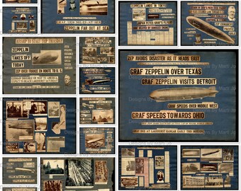 Pagine di album di ritagli vintage Zeppelin – 25 fogli di collage di dirigibili (download digitale) / JJ161