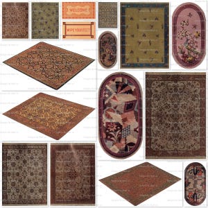 Vintage Dollhouse Carpets | 16 Printable Paper Digital PNG Pages | Instant Download | Commercial Use OK | JJ160