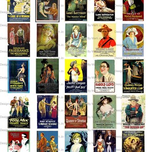 May include: A collage of vintage movie posters from the early 1900s. The posters feature black and white images of actors and actresses, with bold text and decorative borders. The posters advertise films such as "The Lure of a Woman", "The Mollycoddle", "The Master Mind", "Queen of Sheba", and "The Round Up".