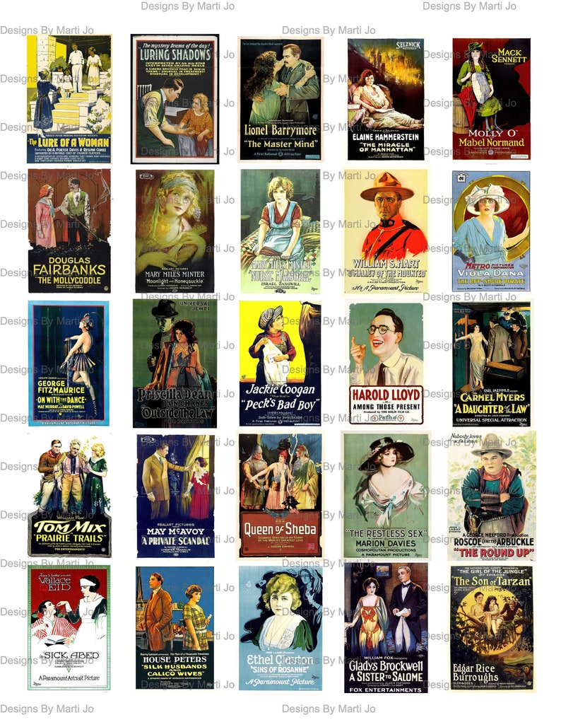 May include: A collage of vintage movie posters from the early 1900s. The posters feature black and white images of actors and actresses, with bold text and decorative borders. The posters advertise films such as "The Lure of a Woman", "The Mollycoddle", "The Master Mind", "Queen of Sheba", and "The Round Up".
