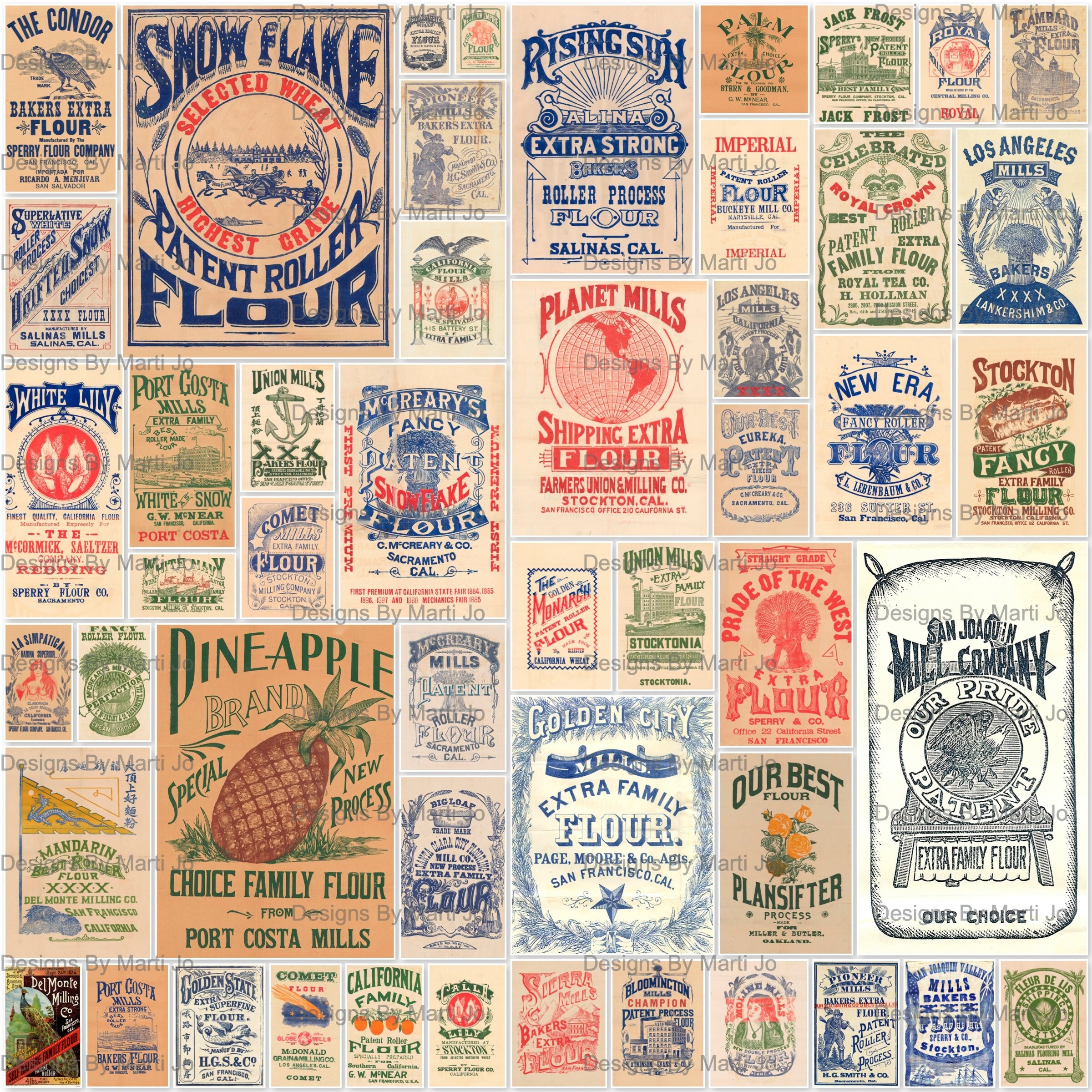 Vintage Flour Labels 1 | 50 Printable Vintage Flour Bag Labels | Instant Download | Commercial Use OK | VL69