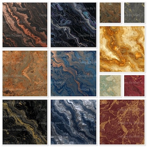 Op de afbeelding: Een verzameling van negen vierkante afbeeldingen met abstracte marmertexturen. De ontwerpen bevatten wervelende patronen in verschillende kleuren, waaronder zwart, goud, blauw, rood en bruin. Elke afbeelding heeft de tekst "Designs By Marti Jo".