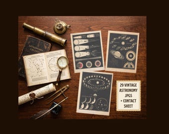 Vintage Astronomy Printable Junk Journal Kit| Antique Celestial Ephemera | 1849 Star Chart Moon Phase Constellation Paper Download | JJ102