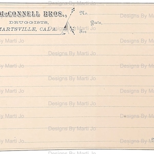 May include: A vintage prescription form from McConnell Bros. Druggists in Smartsville, California. The form has lines for the date, number, and for whom the prescription is for. The form is printed on cream-colored paper with black ink.